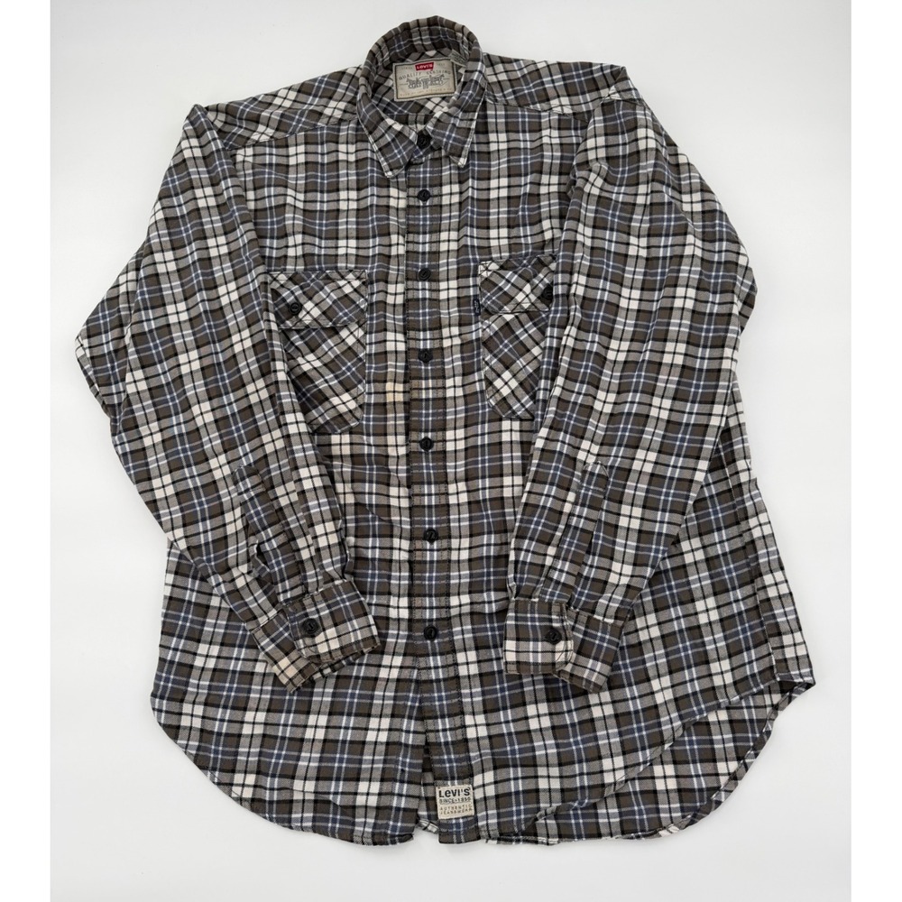 Levis Mens Plaid Flannel Shirt Brown Blue Long Sleeve Button Up M Distressed